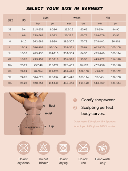 Size chart for shapewear with measurements and care instructions.