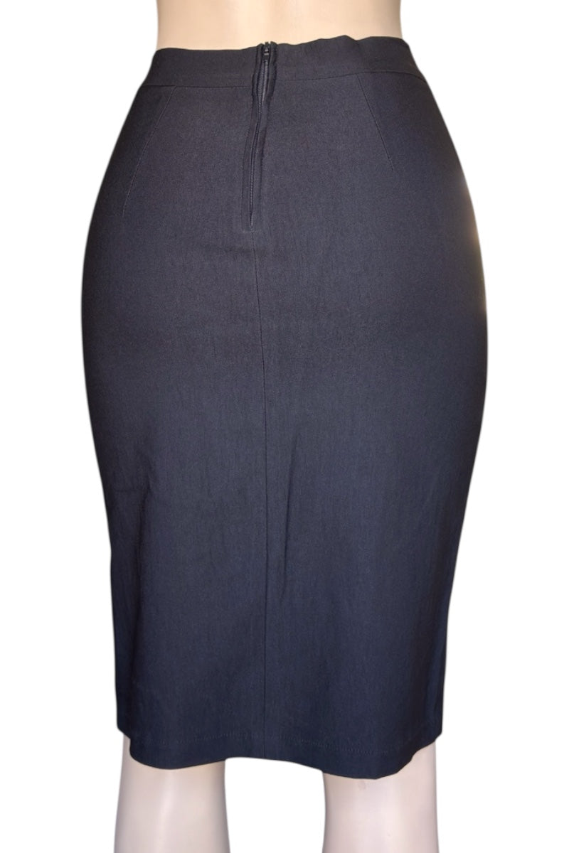 Black pencil skirt on a mannequin against a white background
