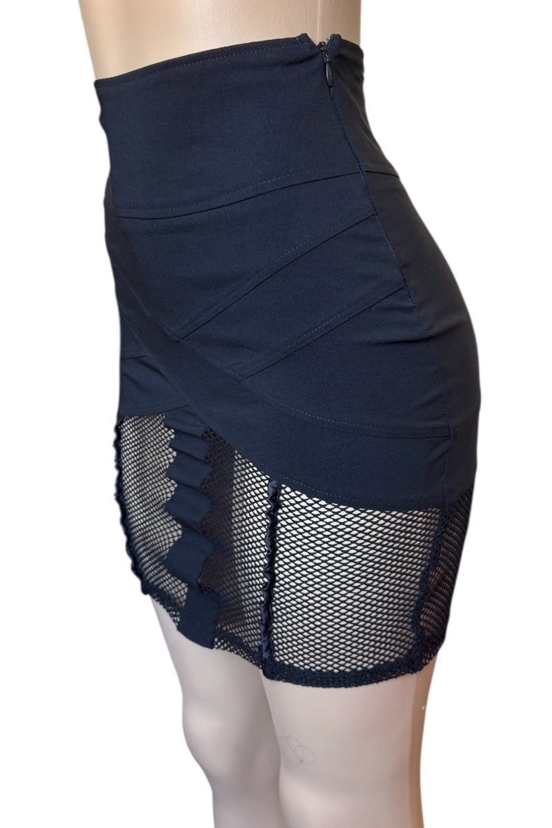 black skirt with mesh panels on a mannequin against a white background