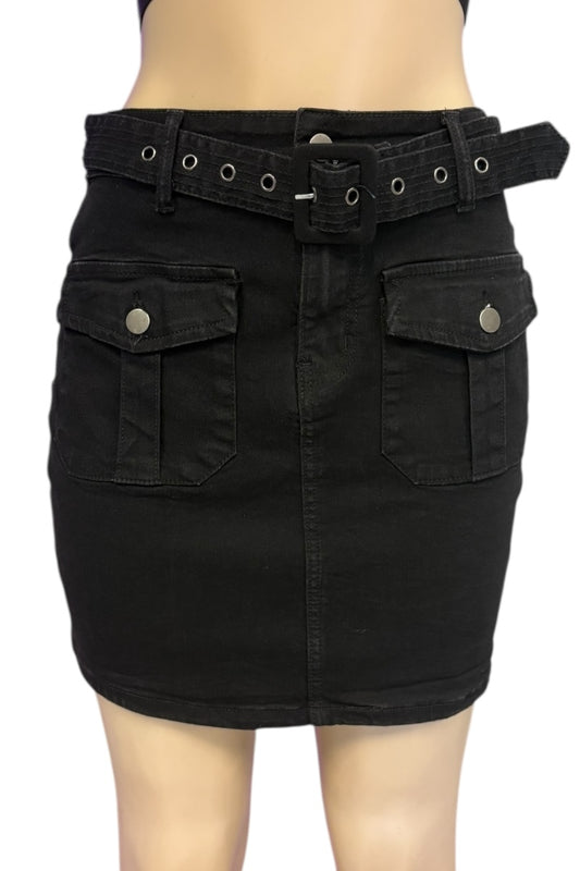 Black denim skirt with belt and pockets on a white background