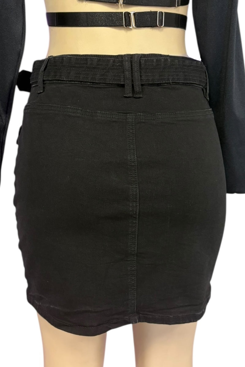Black denim skirt on a white background