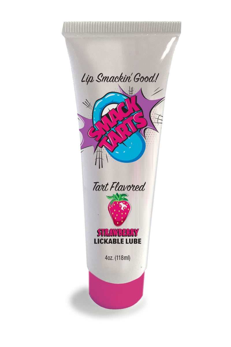 A squeeze tube of Smack Tart Flavored Strawberry Lickable Lube on a white background. The tube is white with a bright pink cap, featuring a colorful retro-style logo with a blue oval and pink text.
