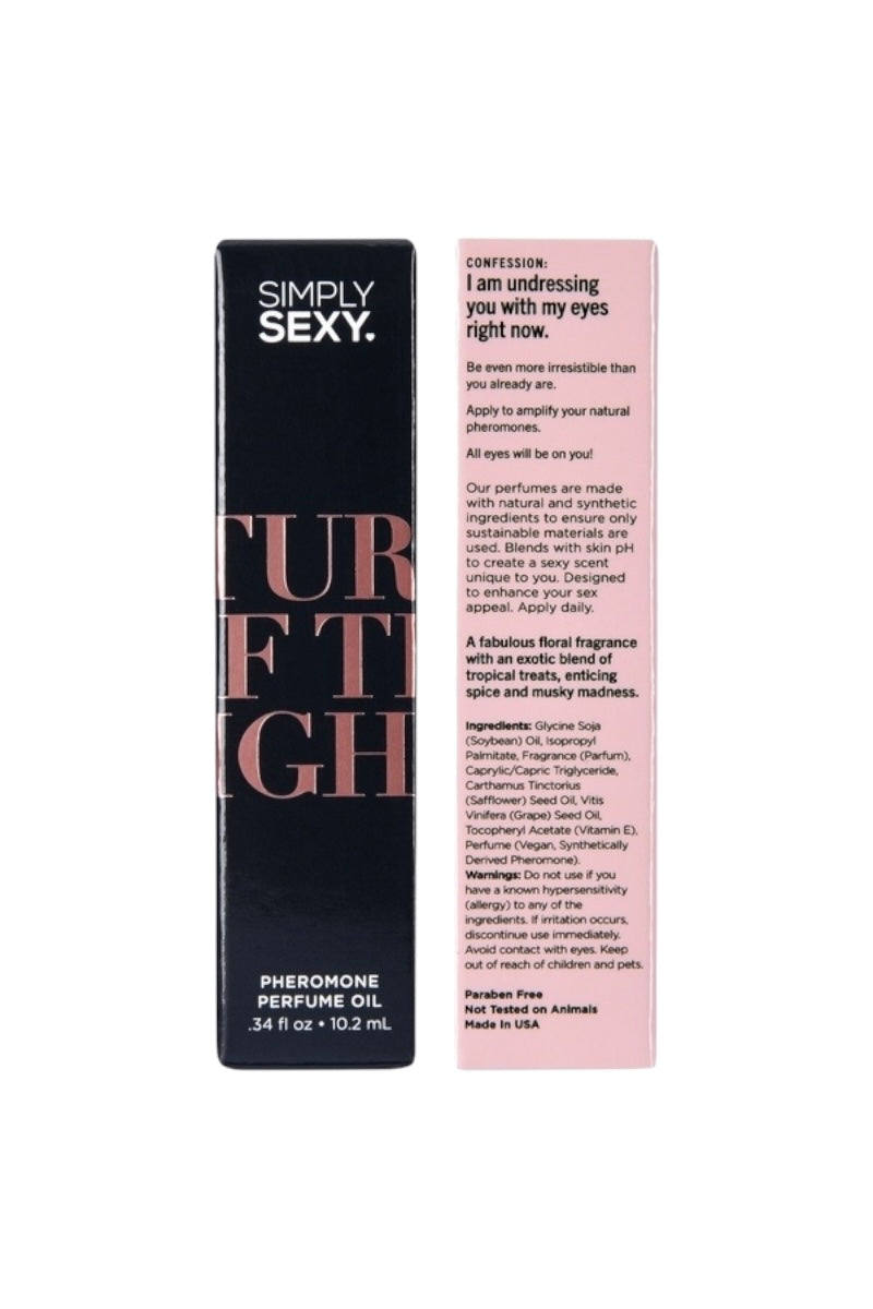 Perfume oil packaging with 'Simply Sexy' branding on a white background