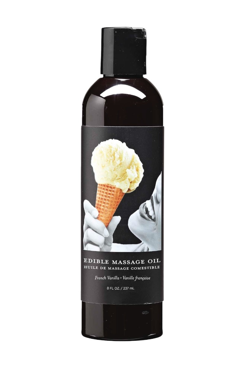 Bottle of edible massage oil with a label featuring an ice cream cone and hands.