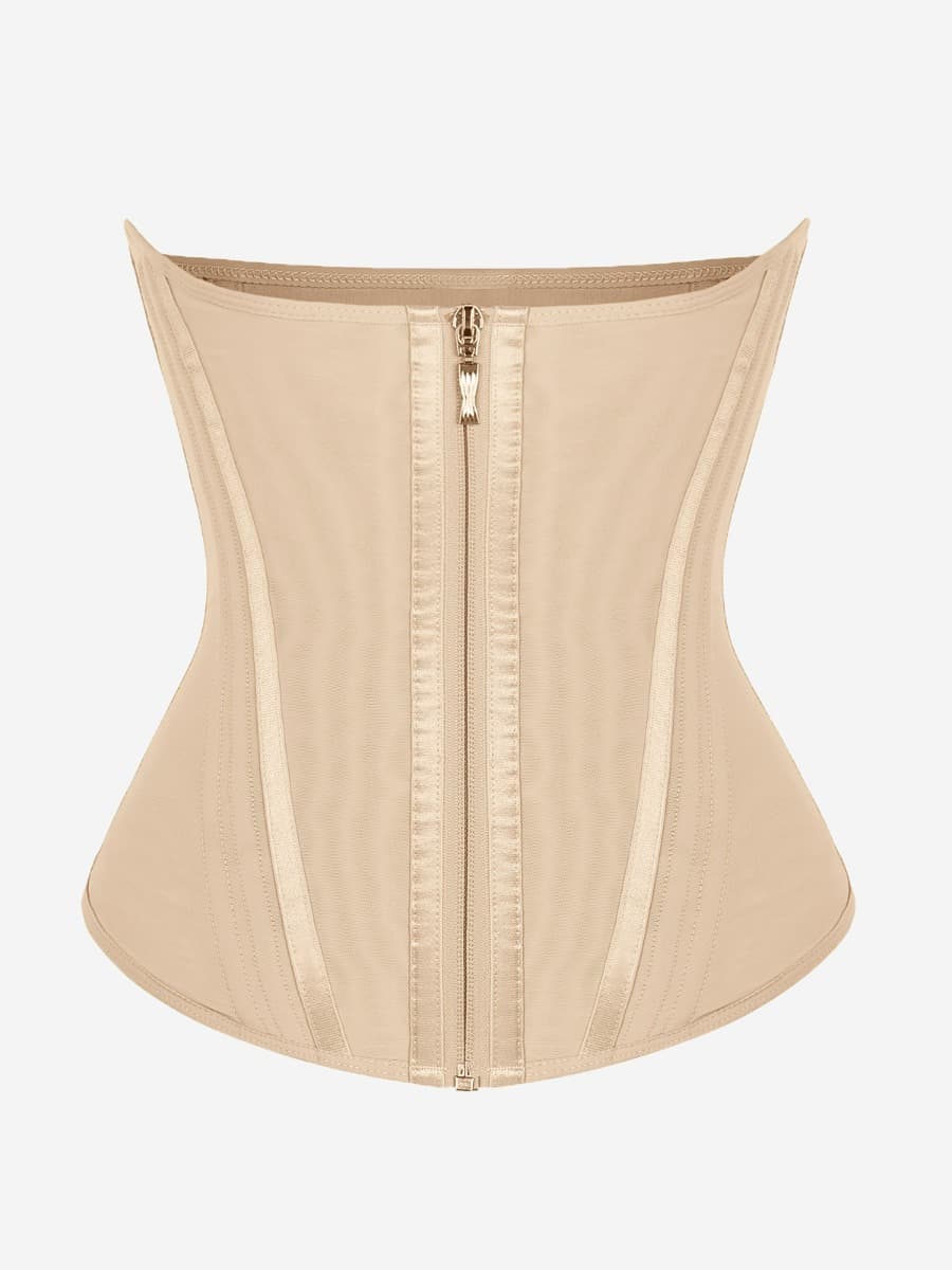 Beige waist trainer with a zipper on a white background