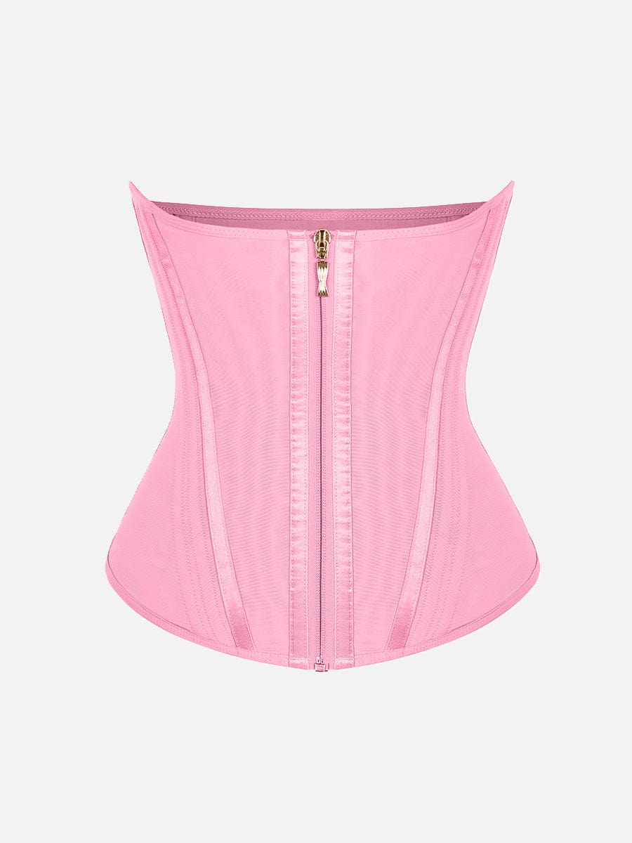 Pink waist trainer with a gold zipper on a white background