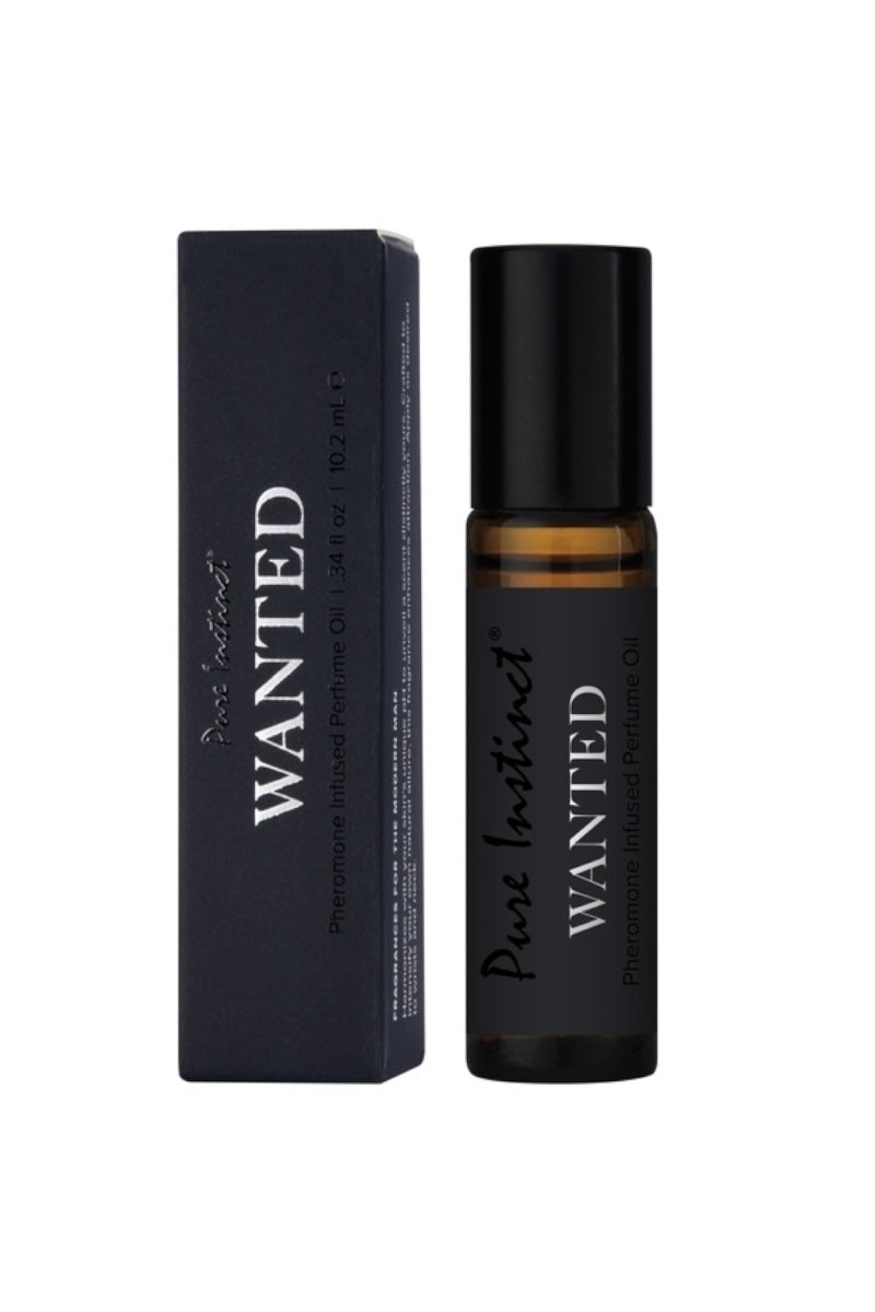 Black 'WANTED' perfume bottle and packaging on a white background