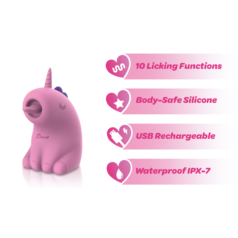 Pink unicorn-shaped toy with features listed on a white background