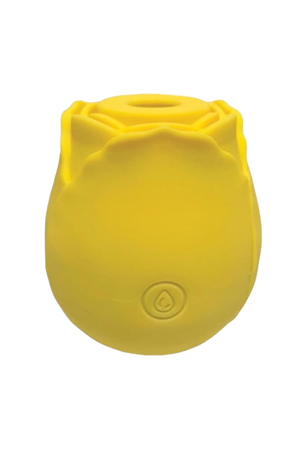 A yellow, rose-shaped rechargeable vibrator with a smooth surface and a button on the base.