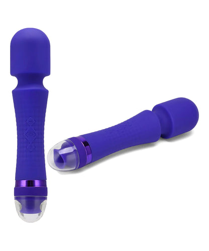2-A purple silicone personal massager with a textured handle, a metallic purple accent ring, and a clear silicone tip, shown against a plain white background.