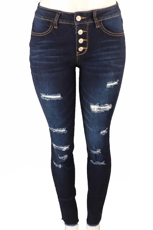 Juli Medium Rise Button Up Distressed Jeans in Navy Color