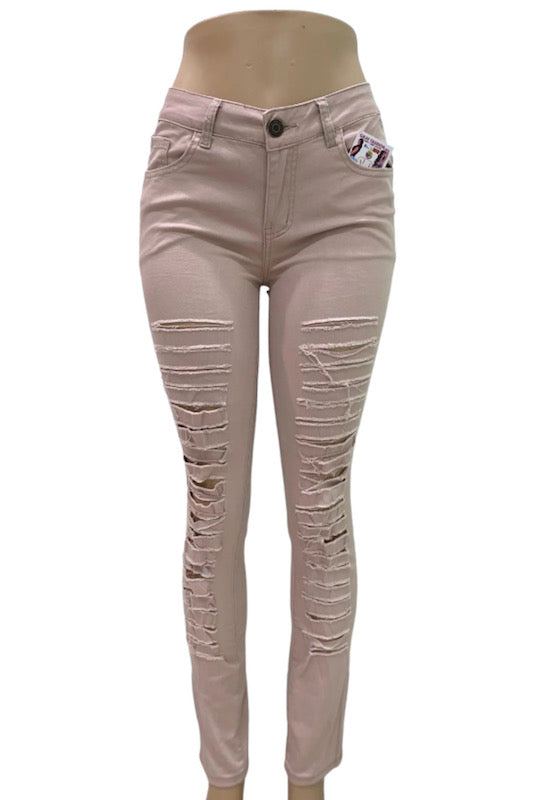 Jossi Distressed Ladder Jeans in Khaki Color