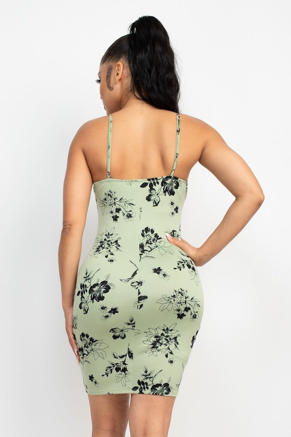 Cami Floral Ruched Bodycon Dress - Green - Back View
