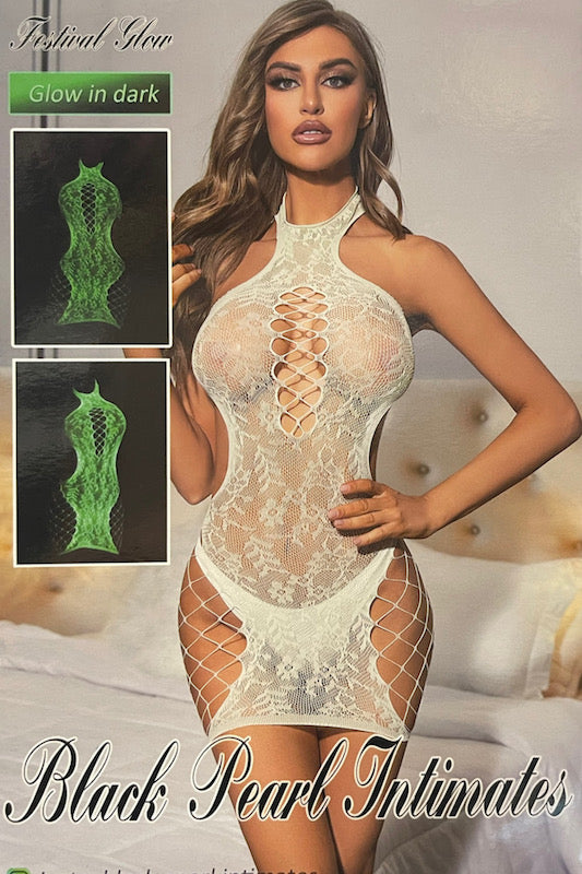 Glow In The Dark Netted and Laced Halter Dress