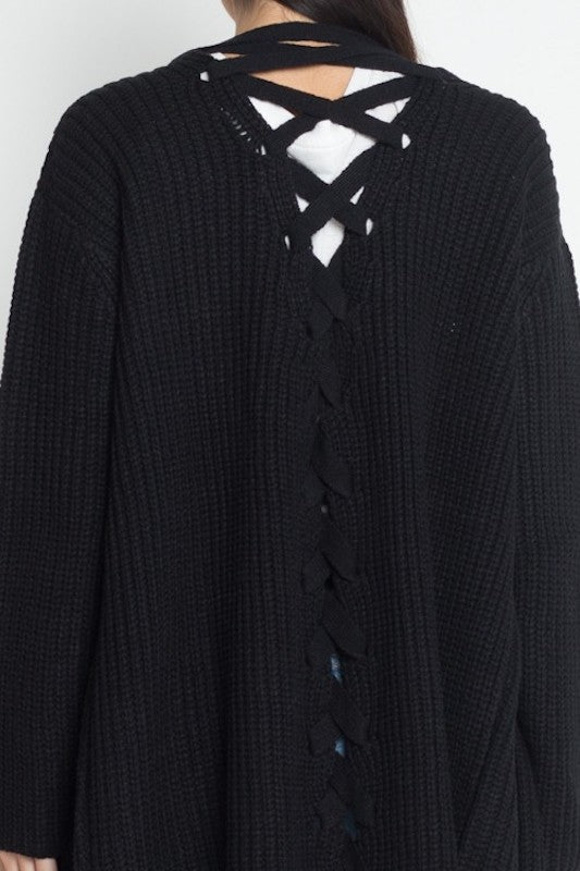 Back of Lace Up Back Sweater Cardigan in Black