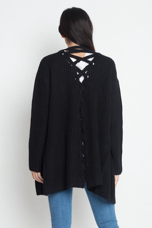 Back of Lace Up Back Sweater Cardigan in Black