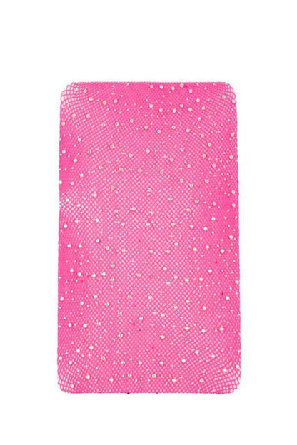 fabric of Shimmery Rhinestone Fishnet Bodysuit in neon pink color