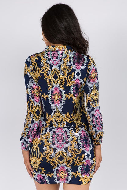back of Gold Rush Print Shirt Dress