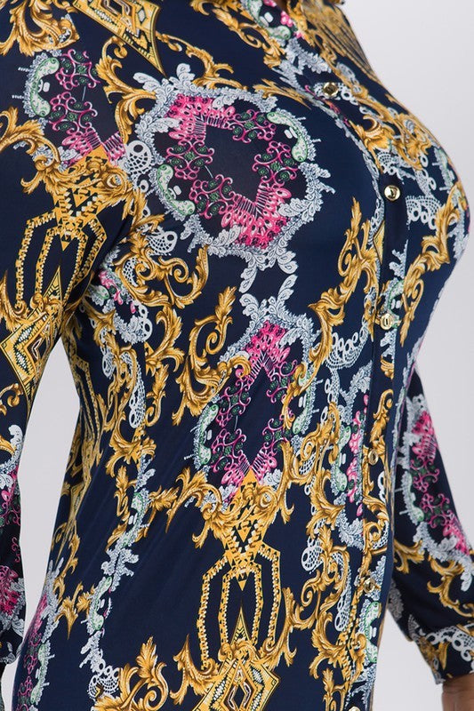 close up of Gold Rush Print Shirt Dress