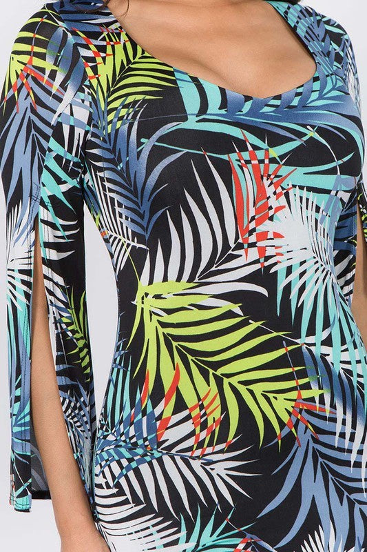 Tropical Leaf Print Open Sleeve Dress