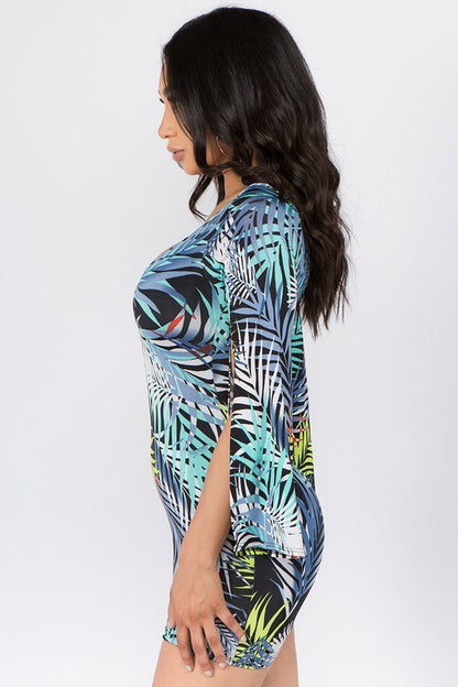 Tropical Leaf Print Open Sleeve Dress