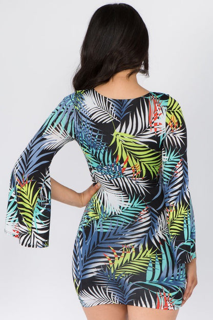 Tropical Leaf Print Open Sleeve Dress