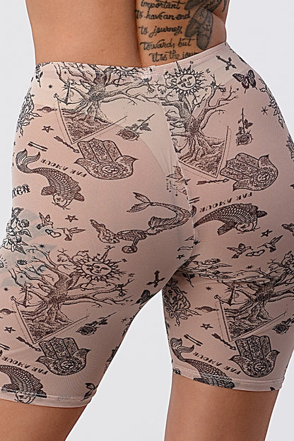 Tattoo Mesh Biker Shorts - Beige