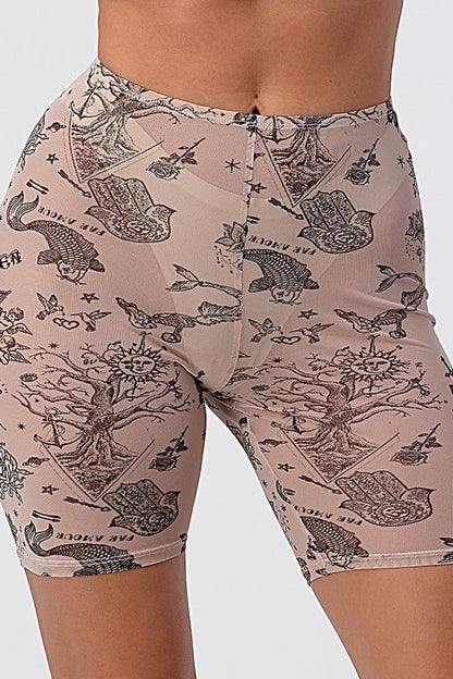Tattoo Mesh Biker Shorts - Beige