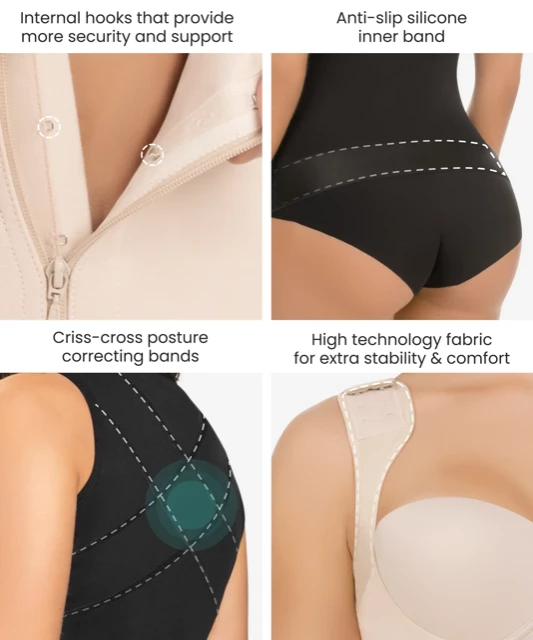 Ultra Compression Thermic Corset - internal hooks that provide more security and support. anti-slip silicone inner band. criss-cross correcting bands. high technology fabric for extra stability & comfort