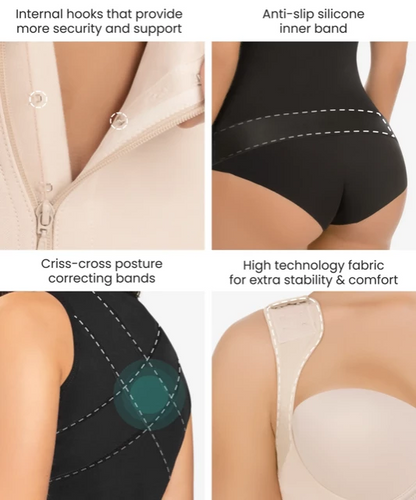 Ultra Compression Thermic Corset - internal hooks that provide more security and support. anti-slip silicone inner band. criss-cross correcting bands. high technology fabric for extra stability & comfort