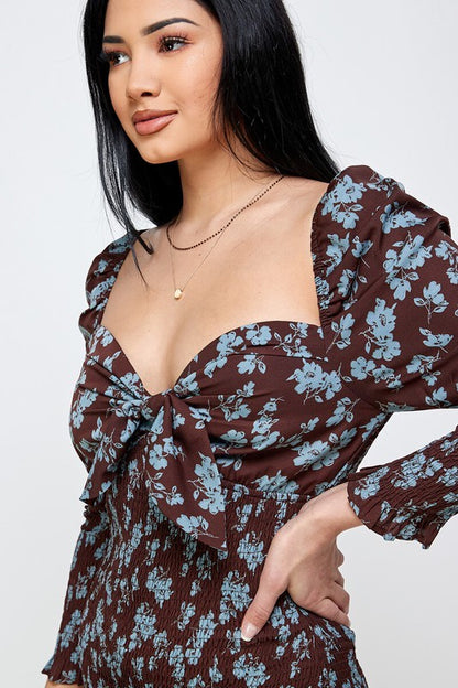 close up of Down To Earth Smocked Dress in brown color