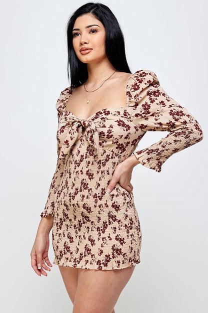 Down To Earth Smocked Dress in beige color