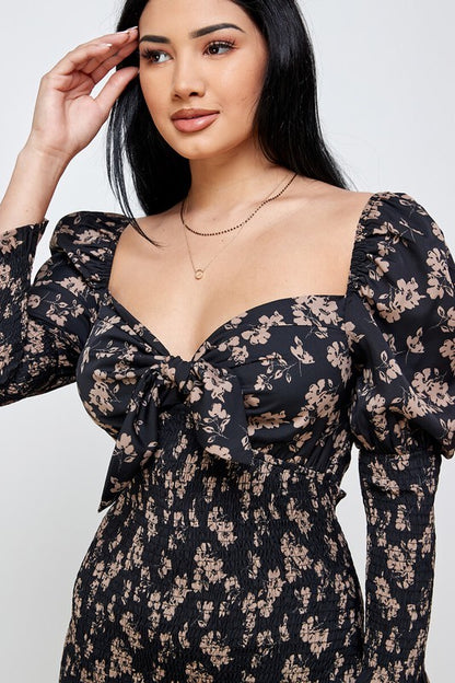close up of Down To Earth Smocked Dress in black color
