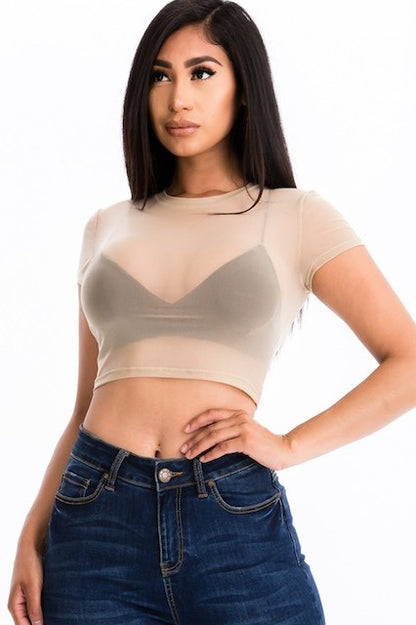 Mesh Sheer Blouse Crop Top - Khaki