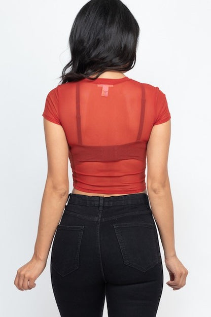 Mesh Sheer Blouse Crop Top - Rust