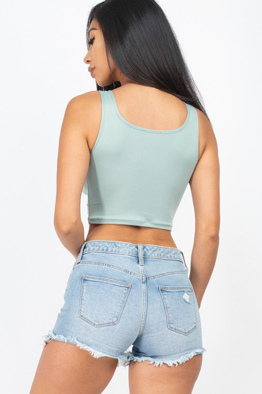 Ruched Knit Crop Top - Green - Back View