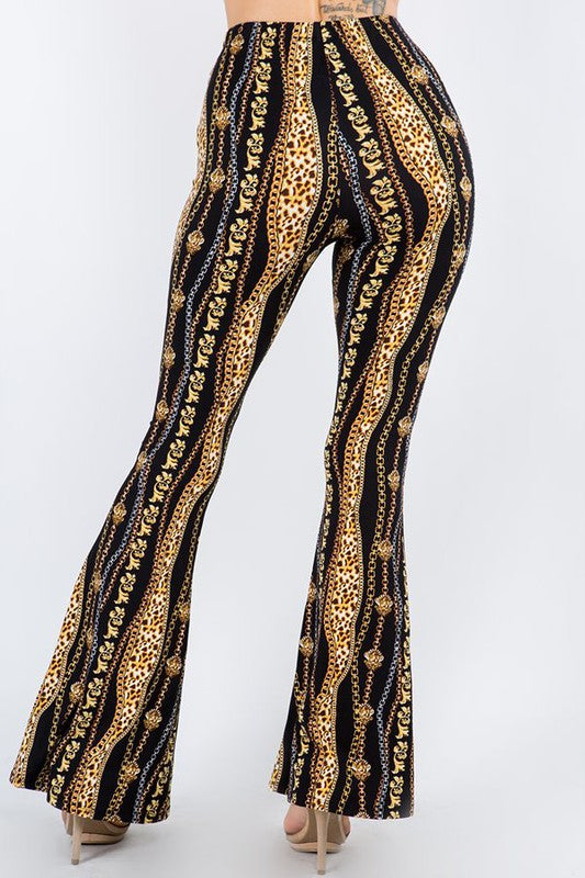 Chain Print High Waisted Bell Bottom Pants - Gold - Back View