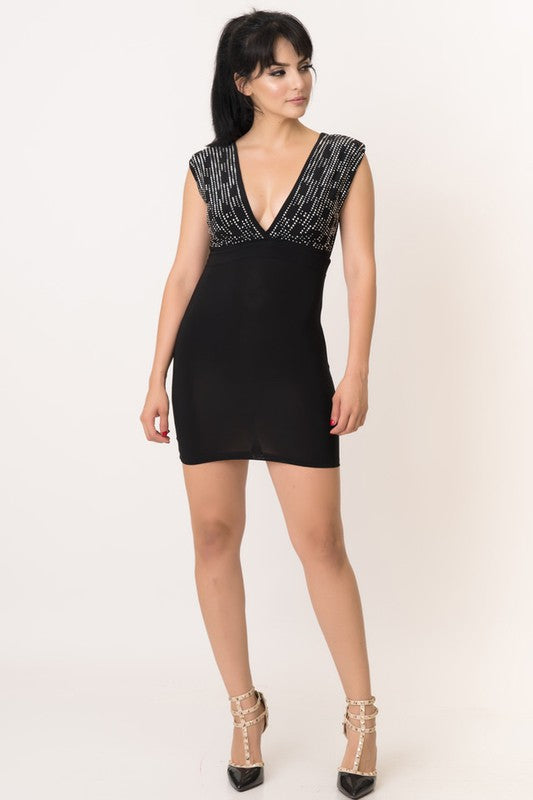 Rhinestone Detail, Deep V Neck Dress - Black