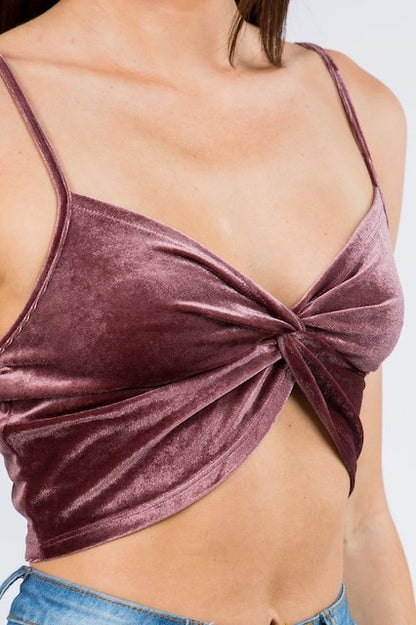 Sleeveless Velvet Crop Top With Twist Knot Detail - Mauve