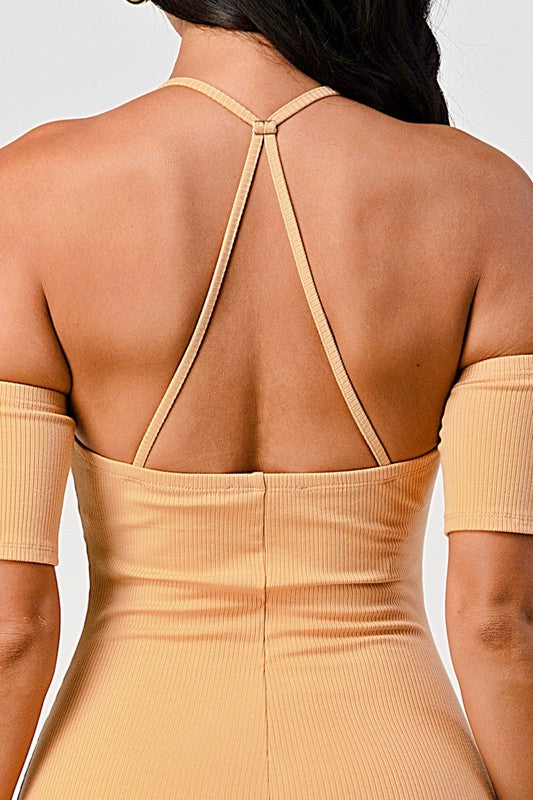 Close up of Going Asymmetrical Off Shoulder Dress in yellow color