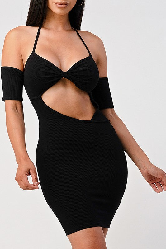 Going Asymmetrical Off Shoulder Dress in Black color