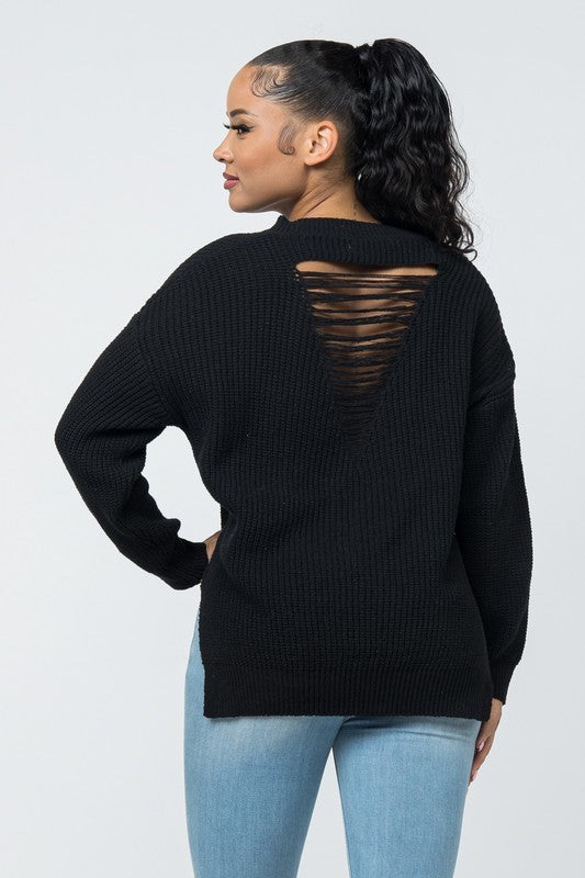 back of Oversized Knit Front And Back Distressed Sweater