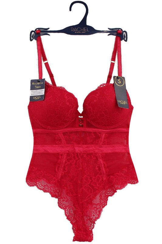 Flower Lace Bustier Bodysuit - Red