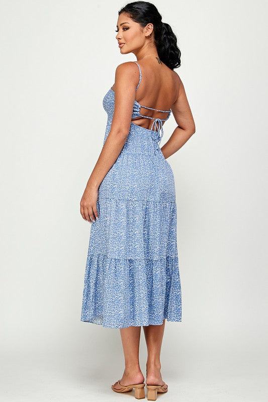 Meadows Maxi Dress with Back Tie - Blue - Back View