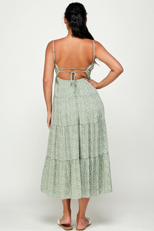 Meadows Maxi Dress with Back Tie - Green - Back View