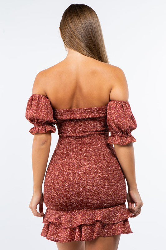 Floral Off the Shoulder Mini Dress - Rust - Back View