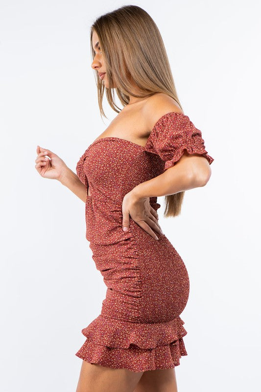 Floral Off the Shoulder Mini Dress - Rust - Side View