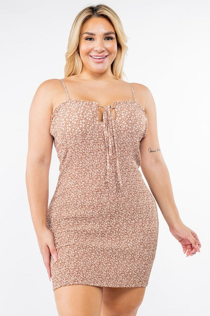 Floral Smocked Cami Bodycon Dress in brown color