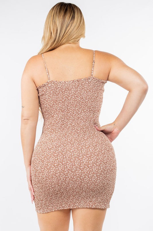 back of Floral Smocked Cami Bodycon Dress in brown color