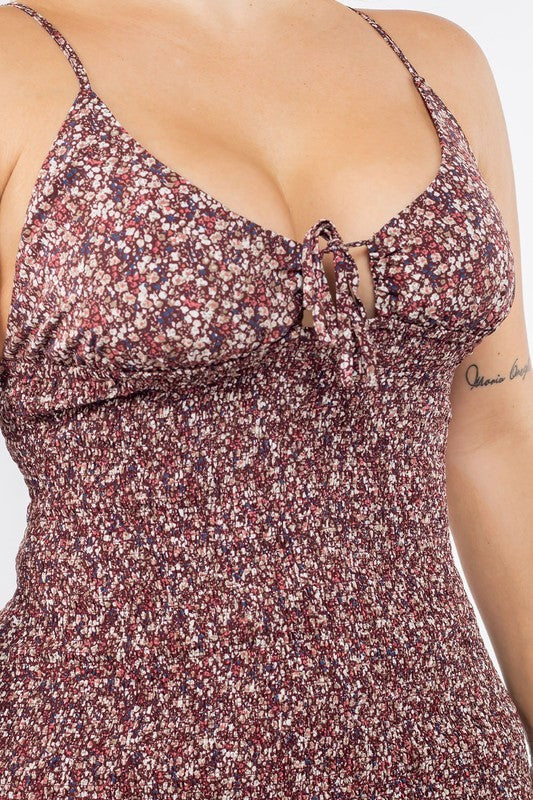 close up of Floral Smocking Bodycon Dress in brown color
